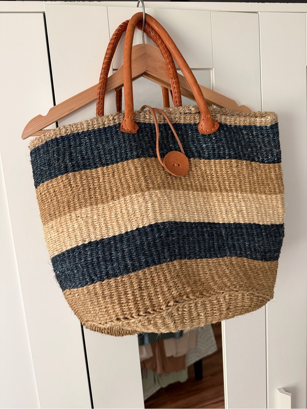 Striped Woven Tote Bag with Tan Leather Handles - Navy & Natural